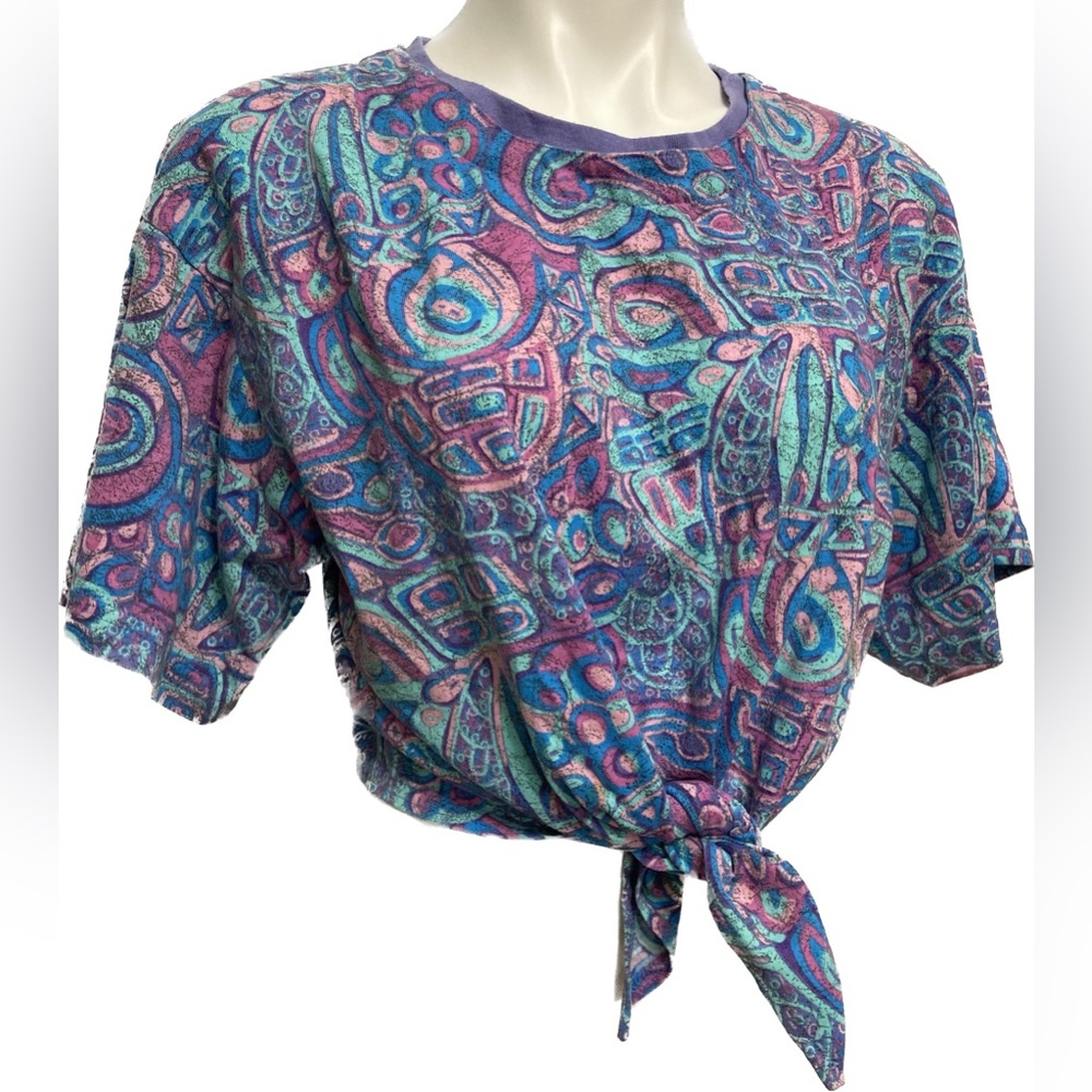 VINTAGE RETRO 80s COLORFUL GRAPHIC CREW SHORT SLEEVE TIE FRONT TOP